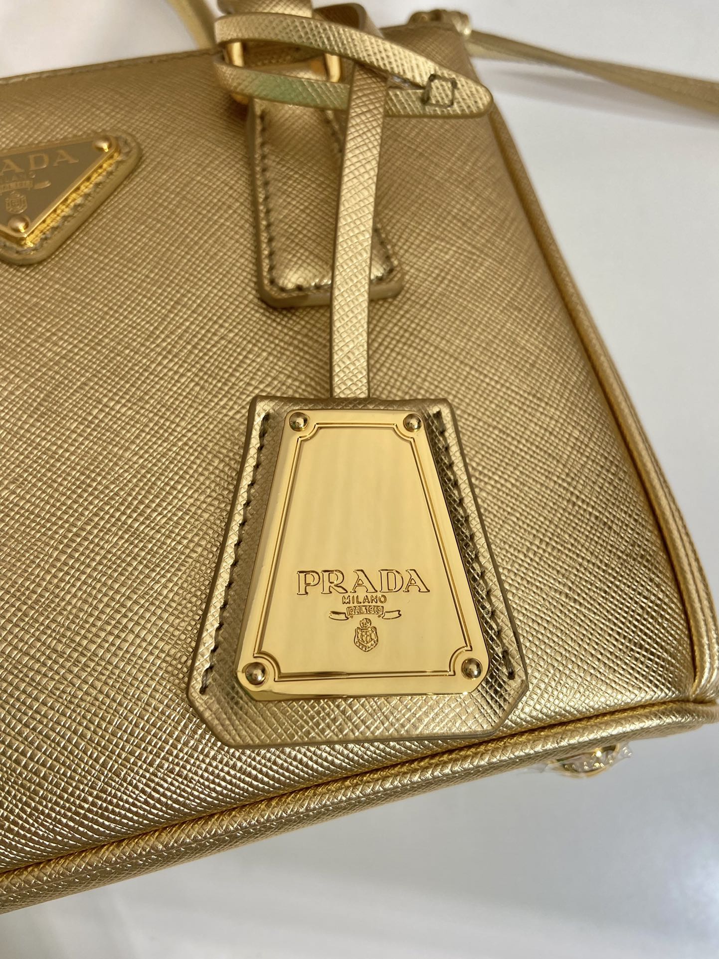 Prada Mini Galleria Saffiano Leather Bag Tote Shoulder Bag Gold 1BA906